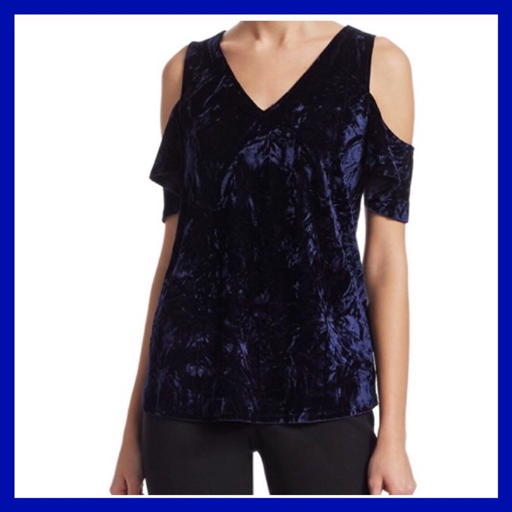 Scripted elegant Blue Velvet cold shoulder top